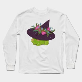 Witchy frog wearing pointy witch hat with flowers Long Sleeve T-Shirt